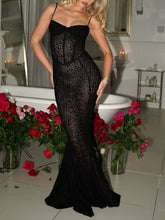 Elegant Leopard Print Mesh See-through Maxi Dress